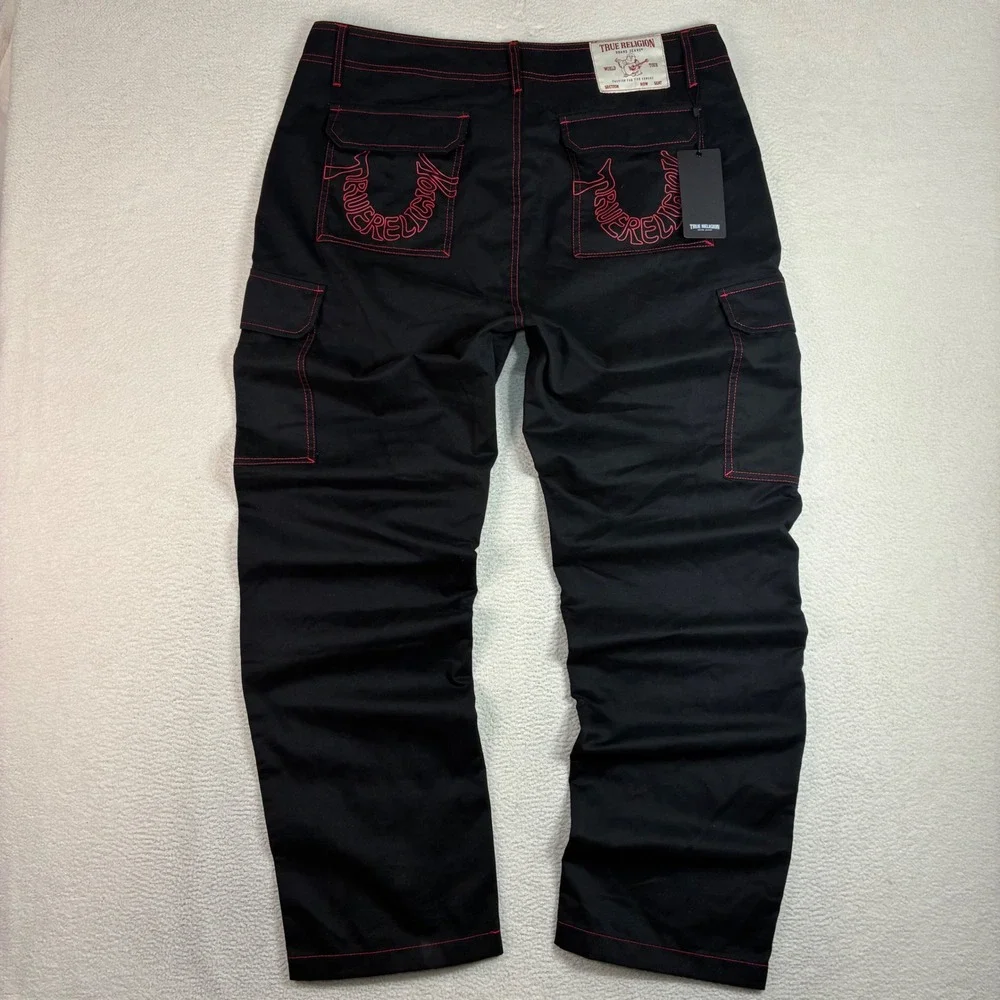 True Religion Baggy Cargo Pants Men 36x32 Black Red Straight Contrast Stitch NWT